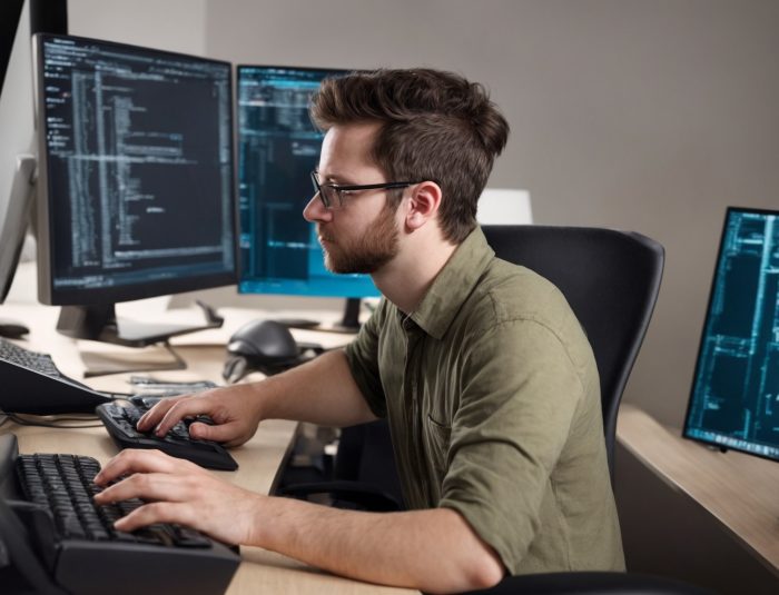 Professional web developer working candidly behind a desk with multiple monitors displaying code