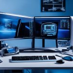 High-performance developer workstation illustrating PC hardware and web dev software synergy with dual monitors showing code