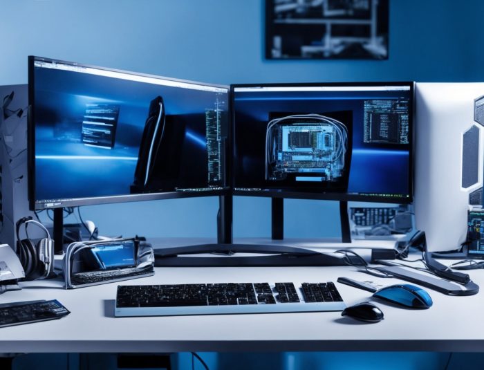 High-performance developer workstation illustrating PC hardware and web dev software synergy with dual monitors showing code