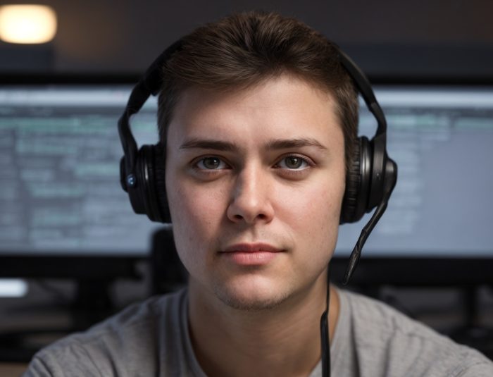 Programmer working with high-performance PC hardware for development