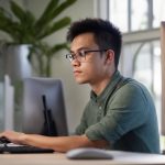 Developer working on responsive web design with multiple viewport breakpoints on dual ultrawide monitors