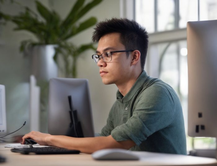 Developer working on responsive web design with multiple viewport breakpoints on dual ultrawide monitors