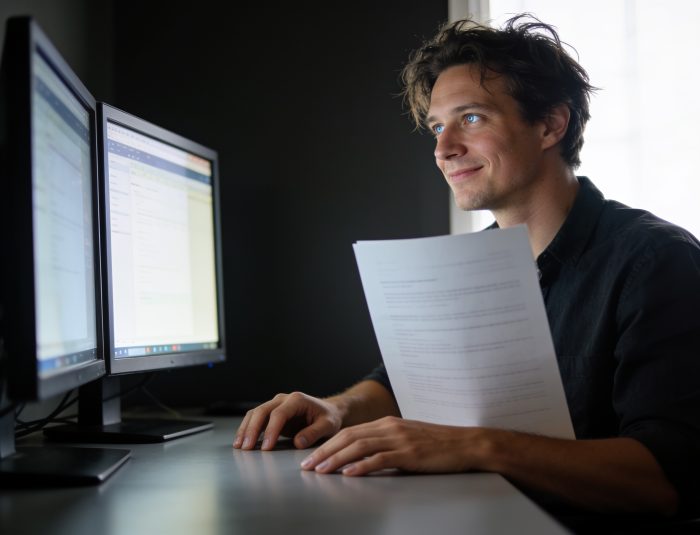 A developer looking at dual monitors in a workspace setting.