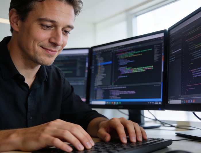 Software developer working on a web developer pc build in a modern workspace