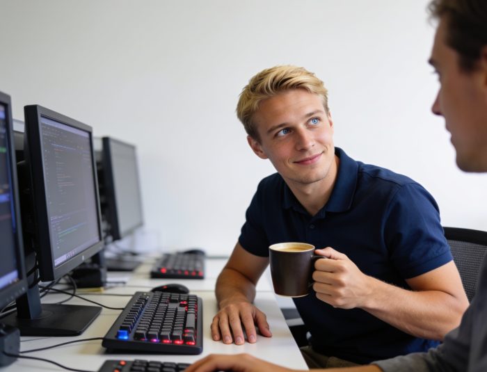 Developer utilizing scripts for optimizing web development hardware on a workstation.
