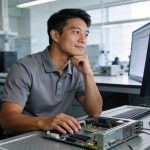 Asian American developer inspecting PC hardware for Web Developer PC Hardware optimization.