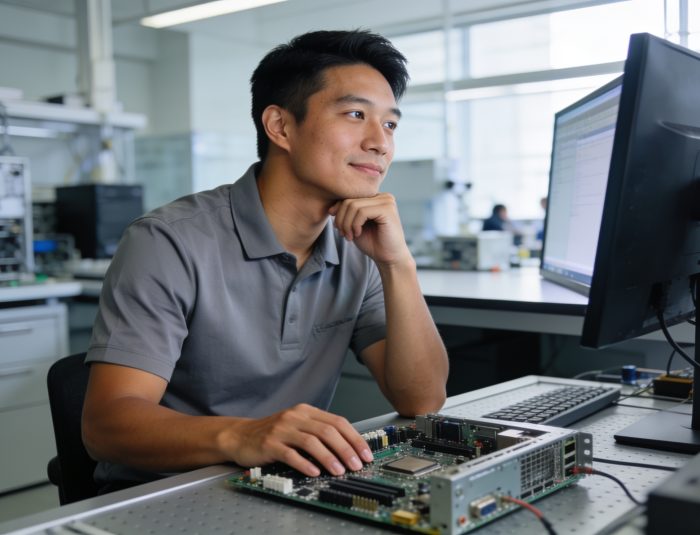 Asian American developer inspecting PC hardware for Web Developer PC Hardware optimization.